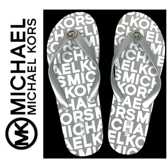 NEW Michael Kors Jet Set Sz 10 Silver Logo Badge PVC Flip Flops Thong Sandals - Picture 1 of 7